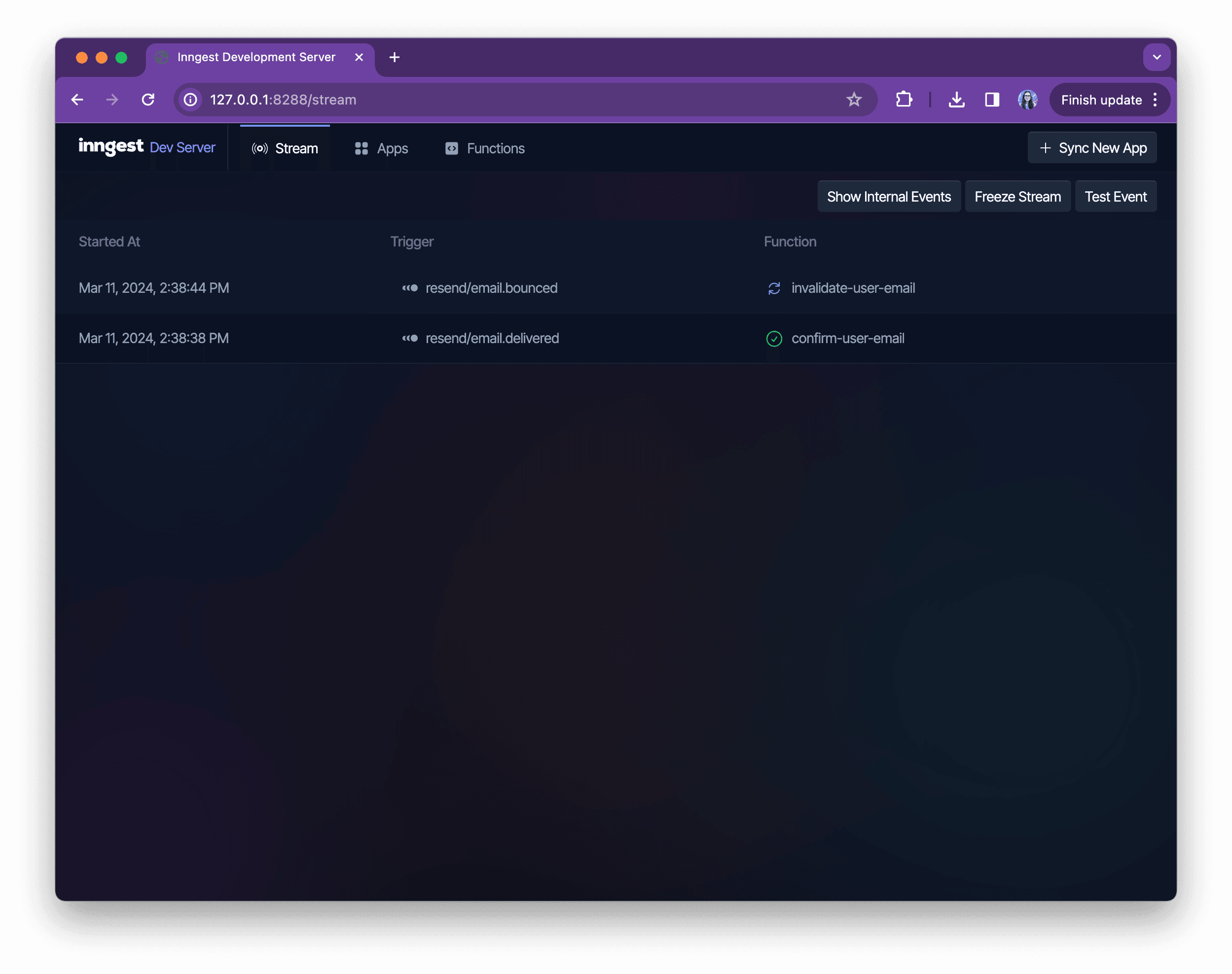 Stream tab in Inngest Dev Server featuring an event